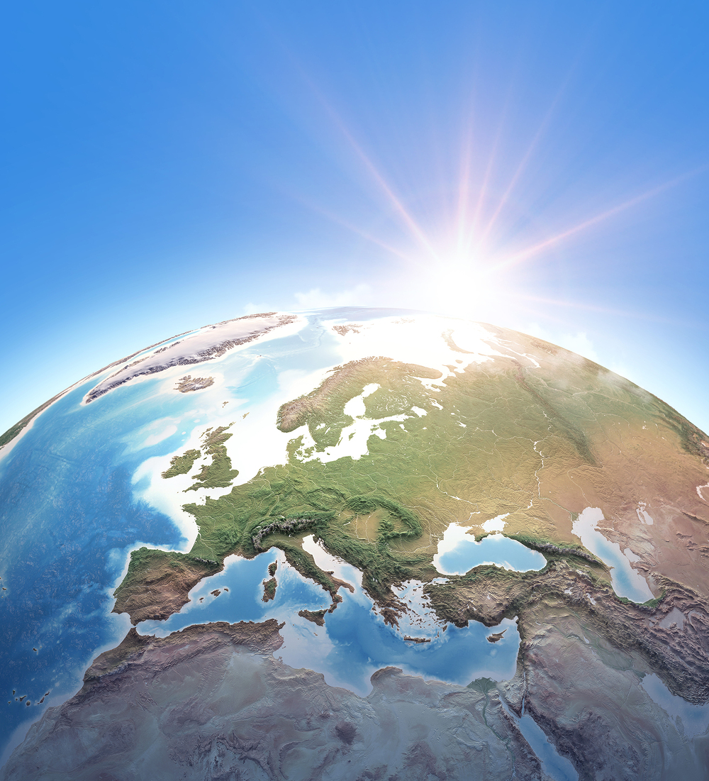 Sun shining over Planet Earth. Physical map of Western Europe, Mediterranean Sea and North Africa. 3D illustration - Elements of this image furnished by NASA